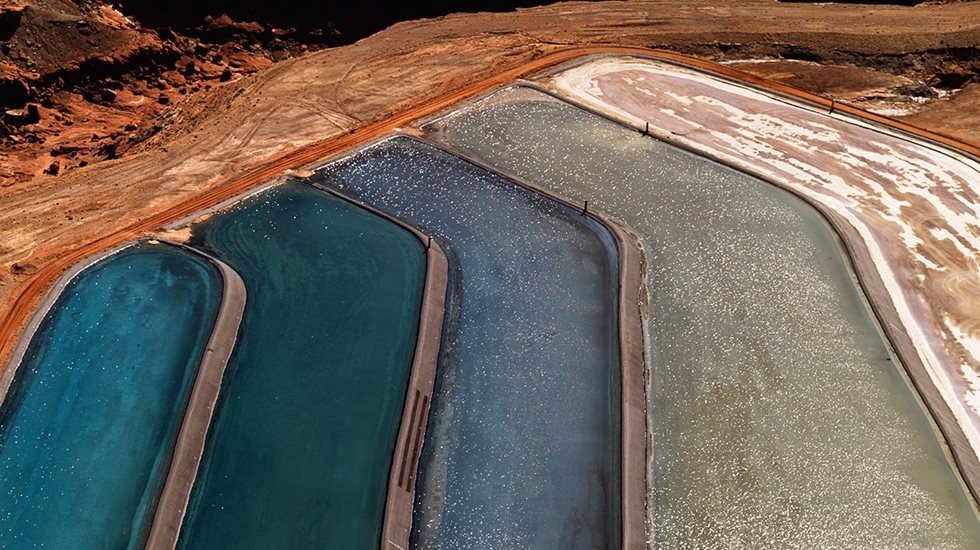 Aerial detail of tailing ponds for mineral waste in rural Utah, United States.