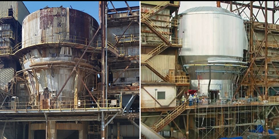 Fluid bed roasting furnace before demolition work commenced and afterwards (right).