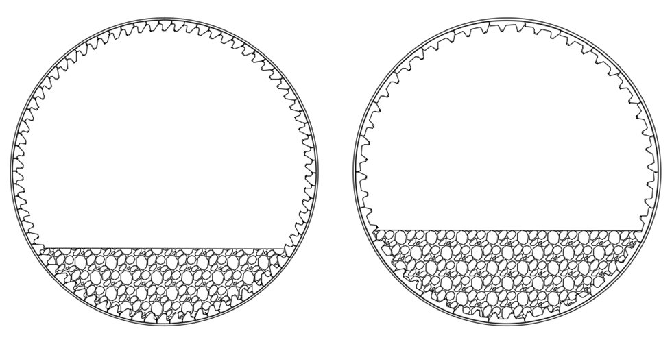 Tight and wide spaced design of mill liners.