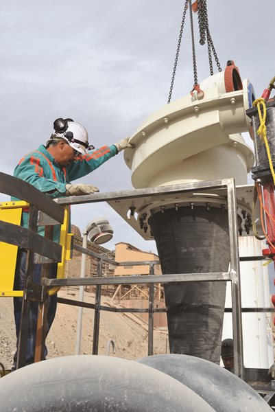 Metso MHC™ Series hydrocyclone going through an installation at a customer site.
