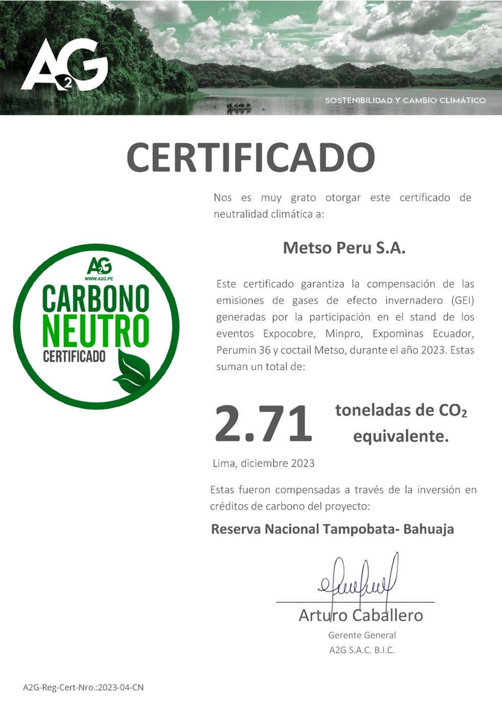Certificado cálculo y compensación emisiones CO2