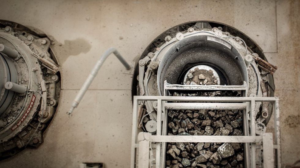Two cone crushers pictured from above.