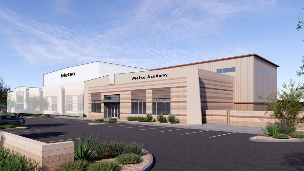 Rendering of building with Metso and Metso Academy logos