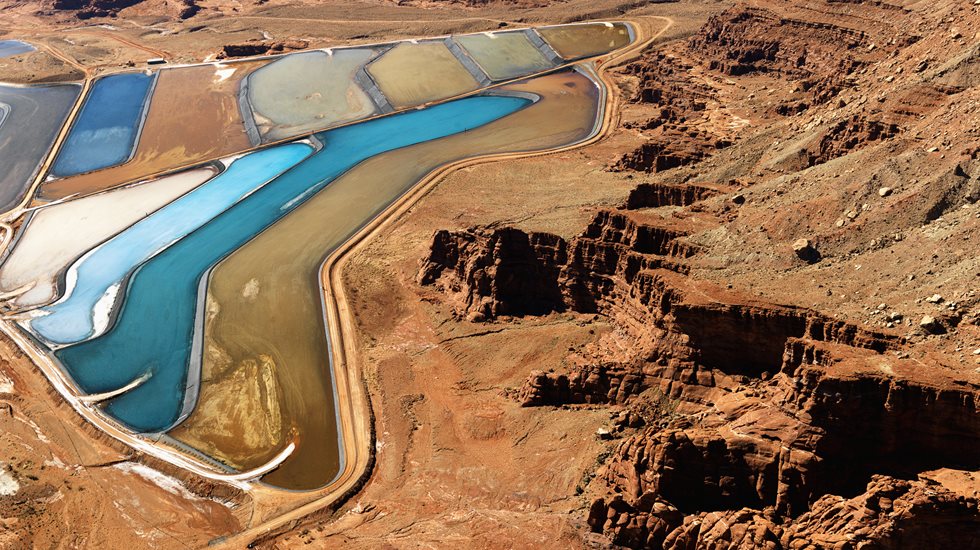 Aerial landscape of lithium brine solar evaporation pond. 