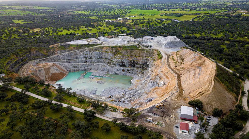 Aerial view of the Herdade de Benafessim quarry, owned by Mota Engil S.A. in Portugal.